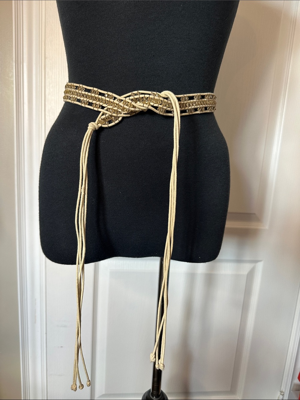 Y2K BOHEMIAN Braided Metallic Rope Waist Belt in Gold beads and cream yarn chic